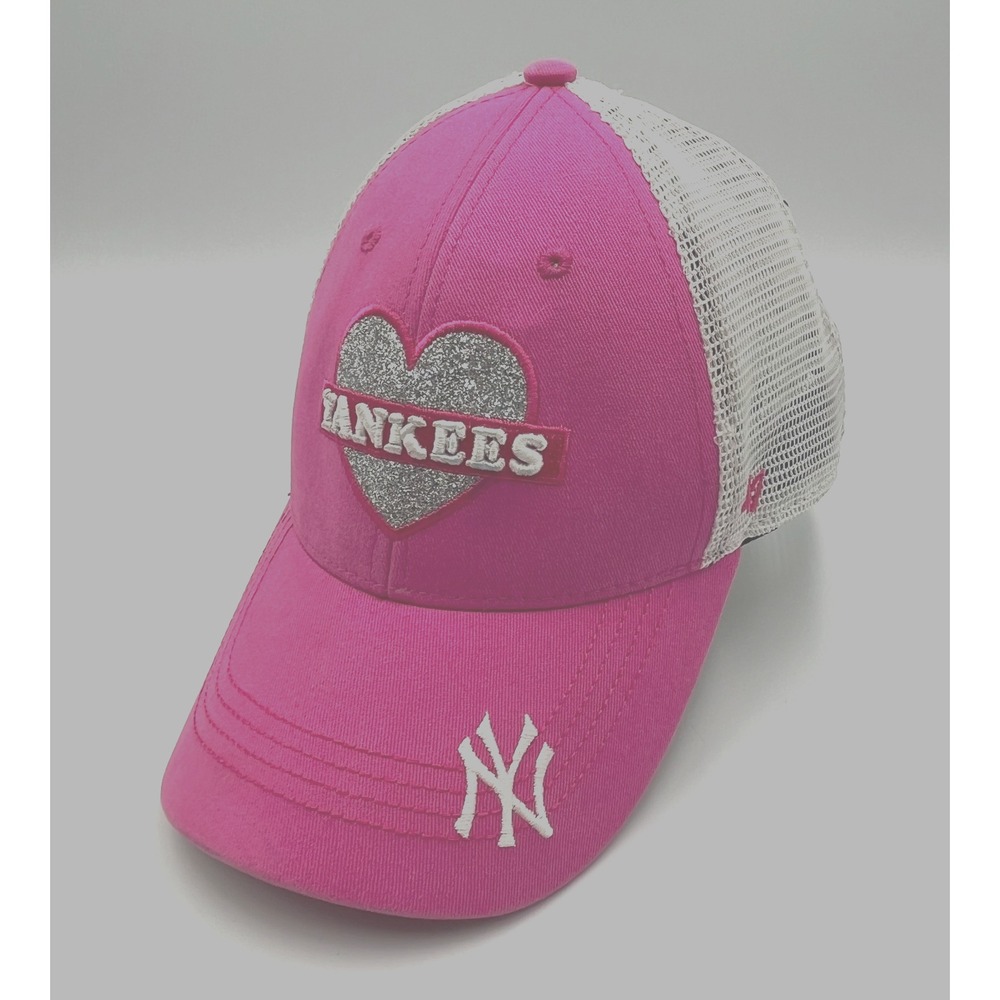 '47 MLB New York Yankees NY Hat Sparkle Heart Pink Baseball Snapback Mesh Cap